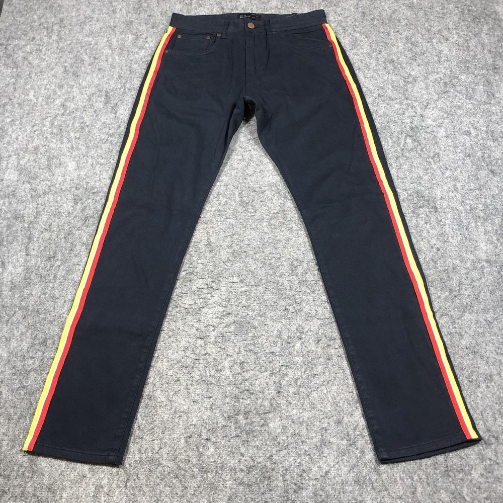 Zara Man Jeans Mens 30x32 Blue Dark Wash Slim Straight Side Stripe Chino